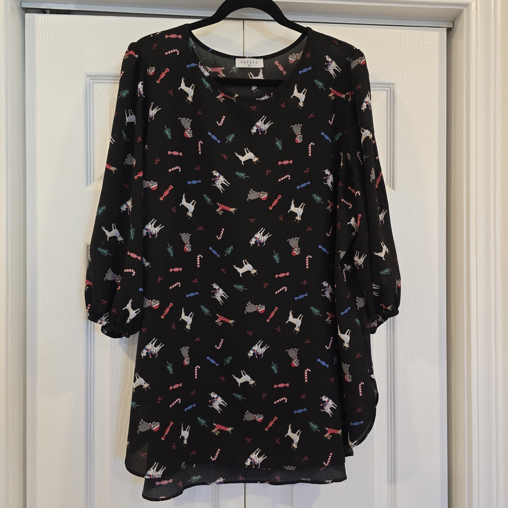 Holidays! Black Tunic with Colorful Festive Dog Print